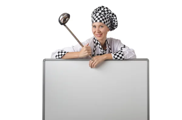 Cook with ladle and blank board — Stock Photo, Image