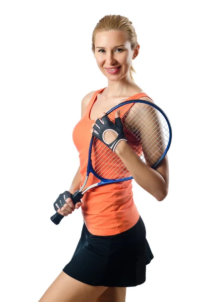 Жінка тенісистка на білому — стокове фото