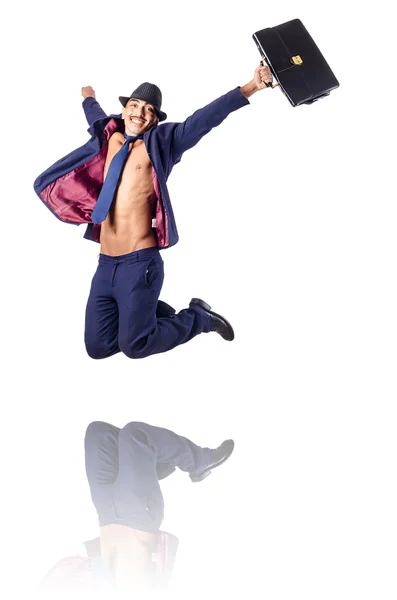 Naked businessman jumping on white — Stock Photo, Image