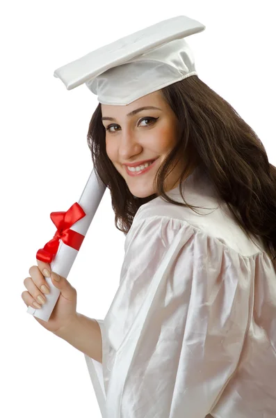 Heureux étudiant célébrant la graduation sur blanc — Photo