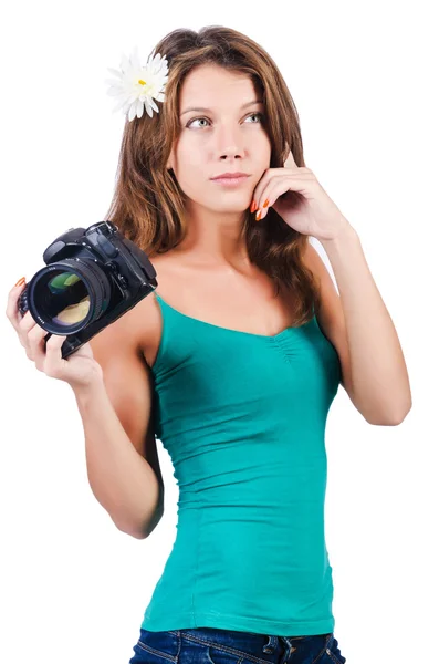 Attractive female photographer on white — Stock Photo, Image