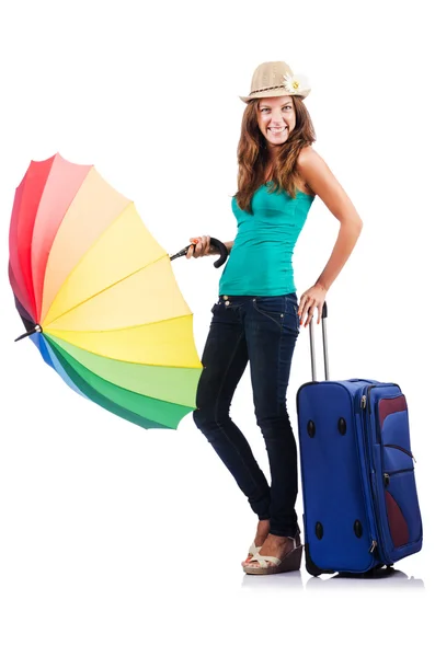 Woman going to summer vacation with suitcase — Stock Photo, Image