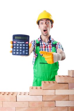 Expensive construction concept with builder and calculator clipart
