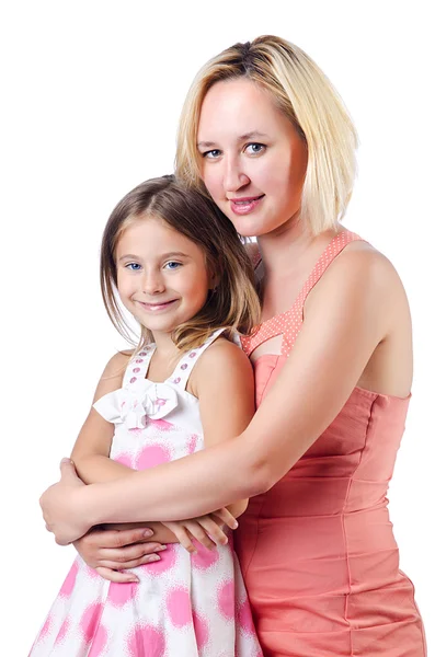 Счастливые мама и дочь на белом — стоковое фото