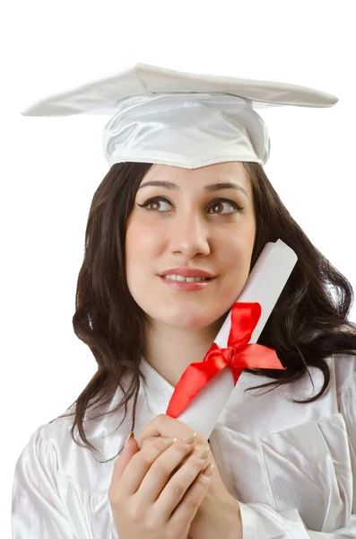 Estudiante feliz celebrando la graduación en blanco — Foto de Stock