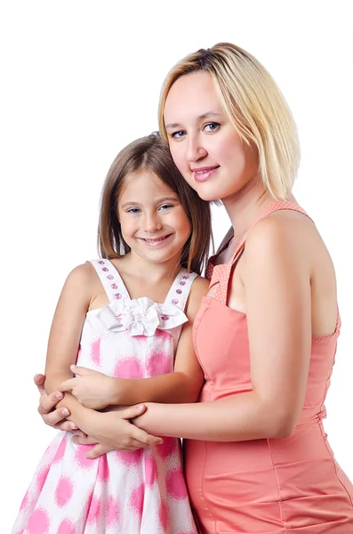 Happy mom and daughter on white — Stock Photo, Image