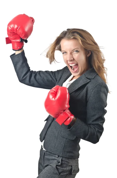 Jovem empresária no conceito de boxe — Fotografia de Stock