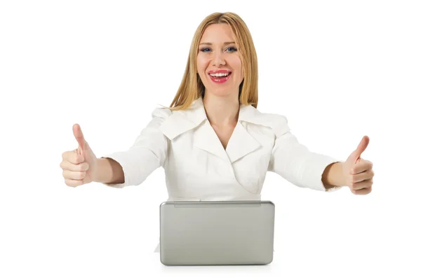 Atractiva mujer de negocios con portátil en blanco —  Fotos de Stock