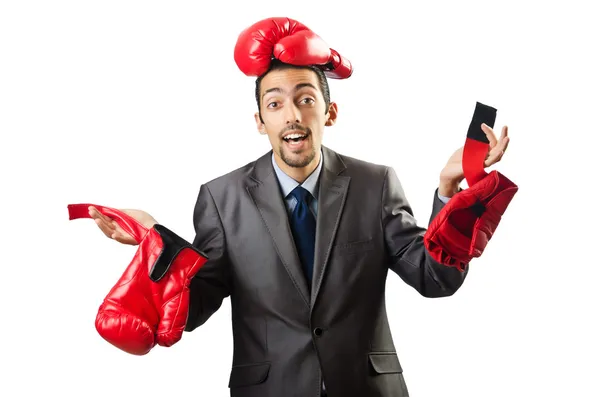 Geschäftsmann mit Boxhandschuhen auf weiß — Stockfoto