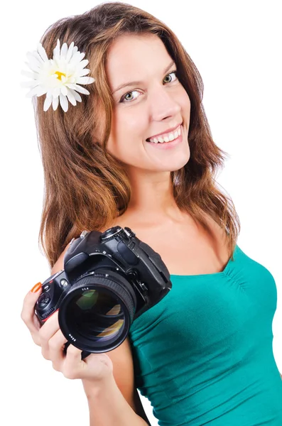 Aantrekkelijke vrouwelijke fotograaf op wit — Stockfoto