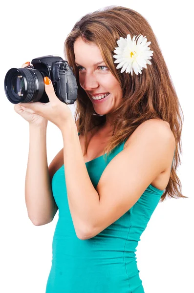 Attractive female photographer on white — Stock Photo, Image