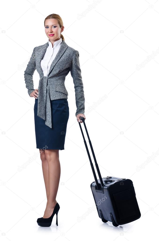 Woman businesswoman with luggage on white