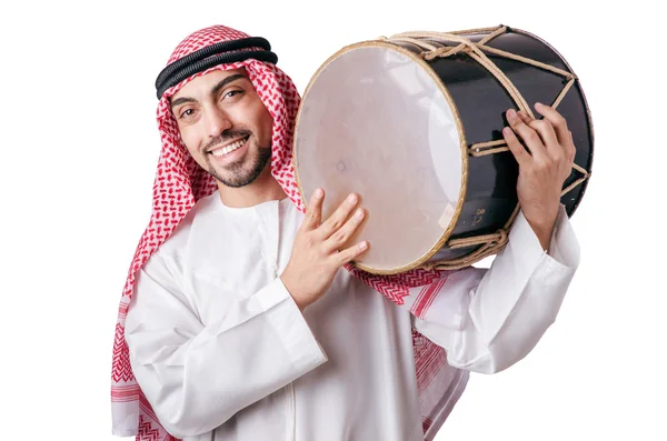 Pria Arab bermain drum terisolasi pada putih — Stok Foto