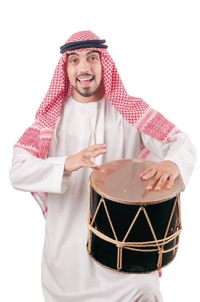 Arabische man spelen trommel geïsoleerd op wit — Stockfoto