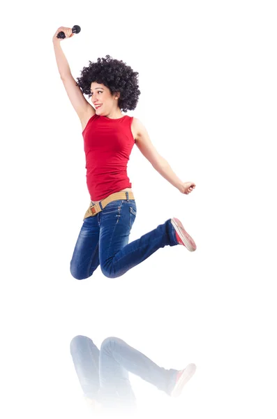 Donna con taglio di capelli afro su bianco — Foto Stock