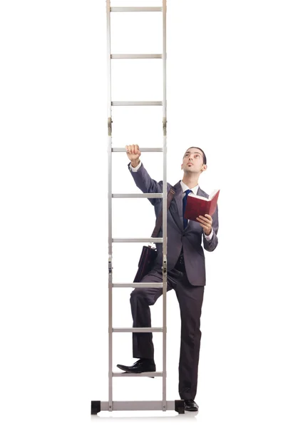 Zakenman klimmend op de ladder geïsoleerd op wit — Stockfoto