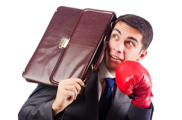 Empresario con guantes de boxeo en blanco —  Fotos de Stock