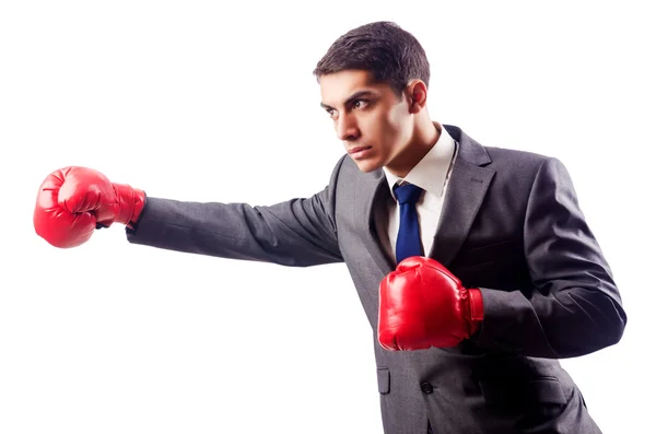 Бизнесмен в боксерских перчатках на белом — стоковое фото