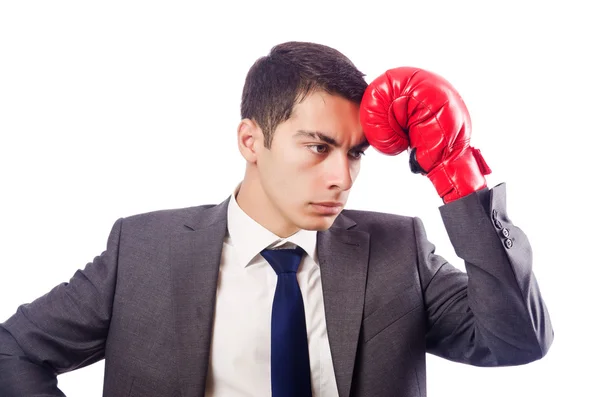 Affärsman med boxhandskar på vit — Stockfoto