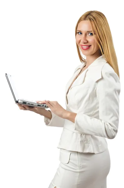 Привлекательная деловая женщина с ноутбуком на белом — стоковое фото
