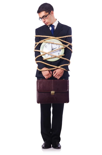 Homme d'affaires attaché avec une corde sur blanc — Photo