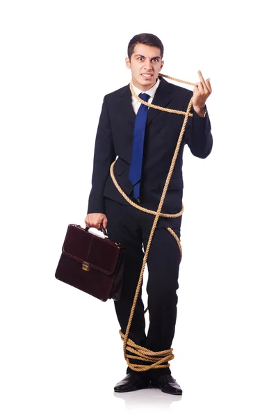 Zakenman vastgebonden met touw op wit — Stockfoto