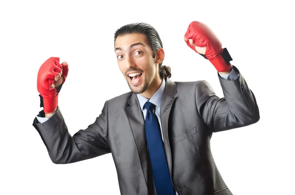 Empresario con guantes de boxeo en blanco —  Fotos de Stock