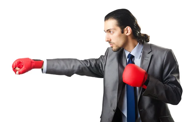 Geschäftsmann mit Boxhandschuhen auf weiß — Stockfoto