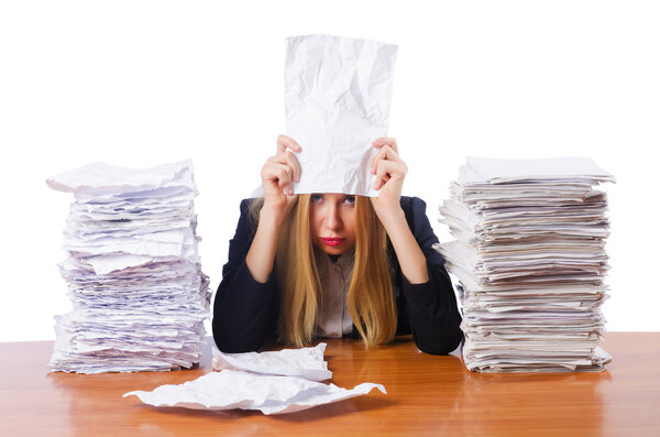 Woman businesswoman with lots of papers