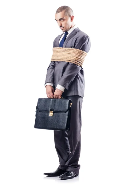 Man tied up with rope on white — Stock Photo, Image
