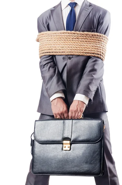 Man tied up with rope on white — Stock Photo, Image