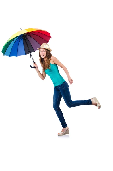 Молодая женщина с зонтиком на белом — стоковое фото