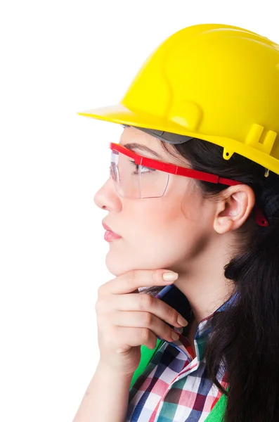 Mujer trabajadora de la construcción aislada en blanco — Foto de Stock