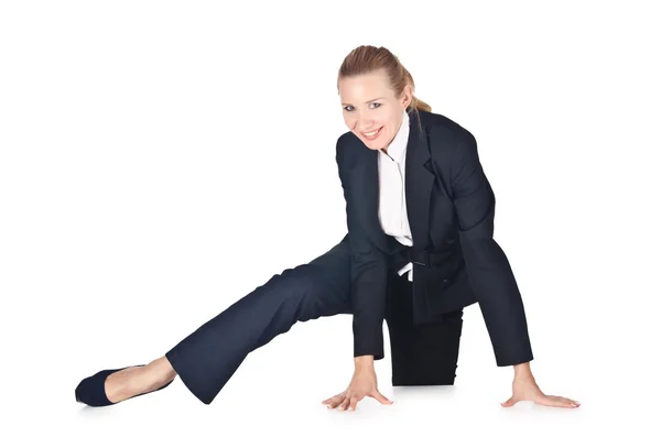 Woman businesswoman sitting on virtual wall — Stock Photo, Image