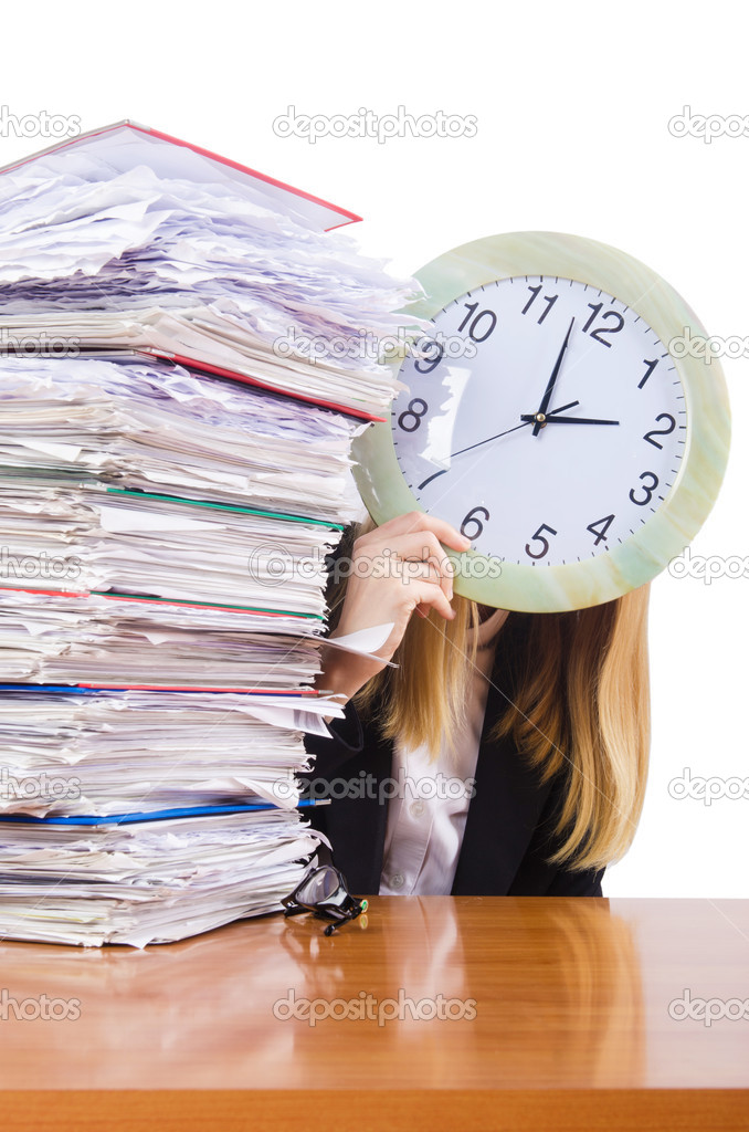 Busy woman with clock on white