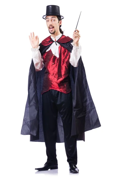 Magician with his magic wand on white — Stock Photo, Image