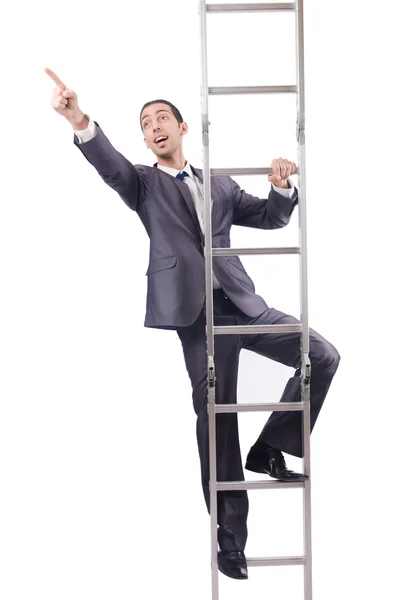 Zakenman klimmend op de ladder geïsoleerd op wit — Stockfoto