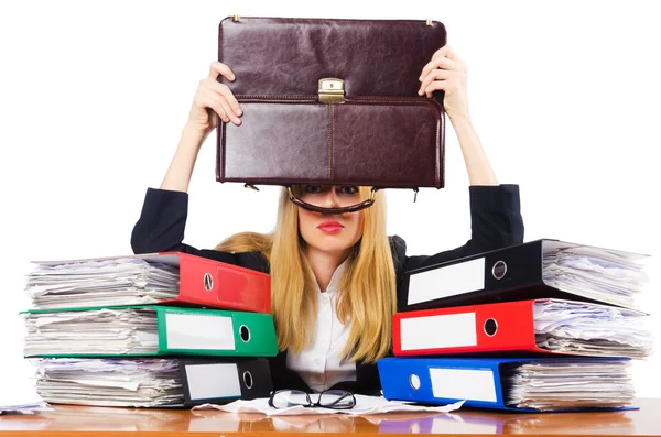 Busy woman with stacks of paper — Stock Photo, Image