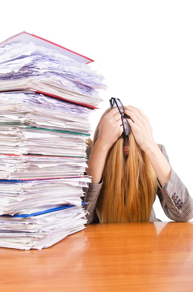 Busy woman with stacks of paper — Stock Photo, Image