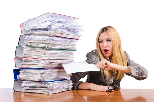 Busy woman with stacks of paper — Zdjęcie stockowe
