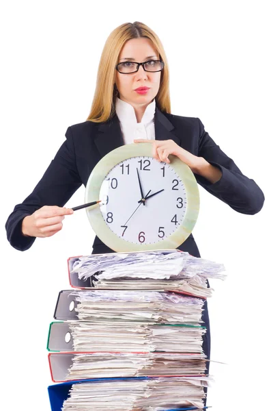 Mujer ocupada con reloj en blanco — Foto de Stock