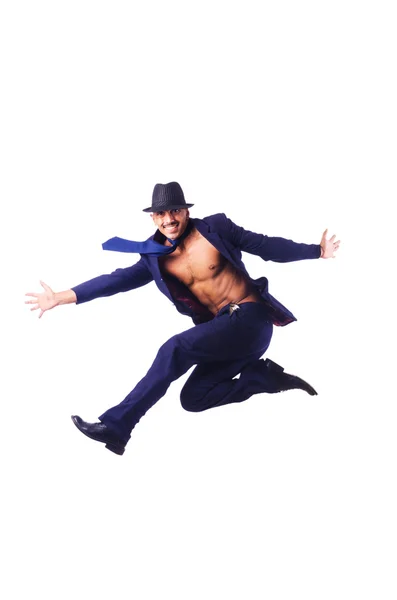 Muscular half naked businessman jumping on white — Stock Photo, Image