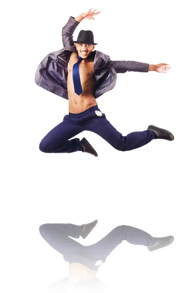 Muscular half naked businessman jumping on white — Stock Photo, Image