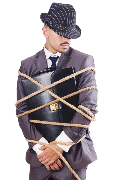 Man tied up with rope on white — Stock Photo, Image