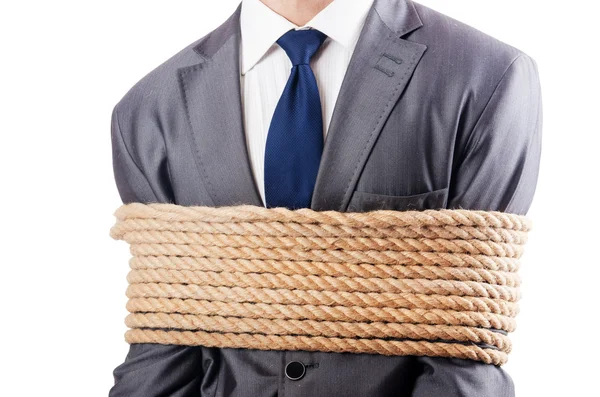 Man vastgebonden met touw op wit — Stockfoto
