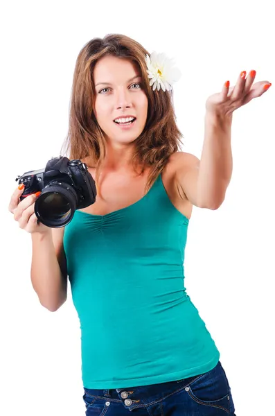 Attractive female photographer on white — Stock Photo, Image