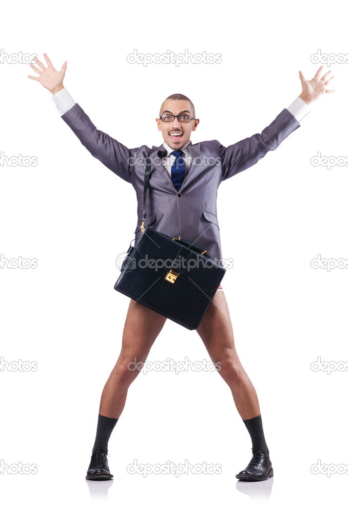 Shocked naked man standing behind green plant in flowerpot on chair isolated on grey leaves, posing