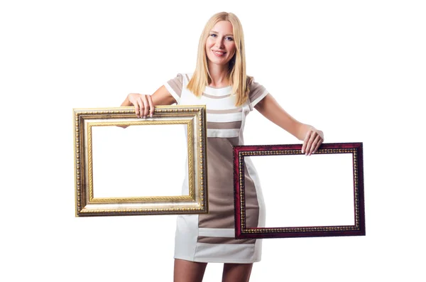 Woman with picture frame on white — Stock Photo, Image