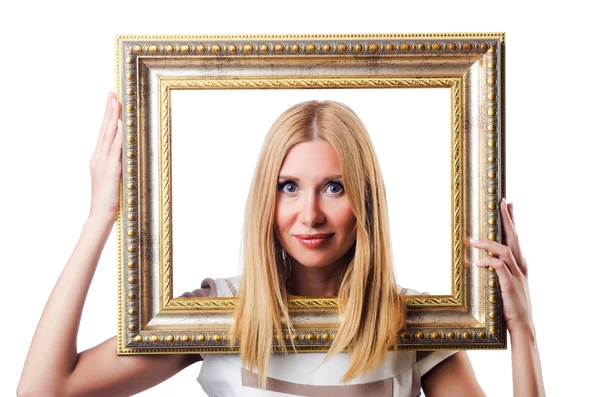 Žena s obrázkovým rámem na bílém — Stock fotografie