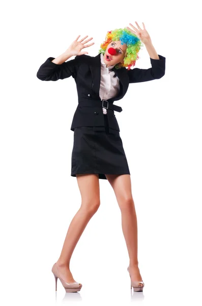 Podnikatelka v klaunském kostýmu na bílém pozadí — Stock fotografie